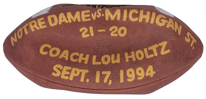 1994 Notre Dame Game Used Wilson Football Used on 9/17/94 Presented to Coach Lou Holtz - Career Win #195 (Holtz LOA)